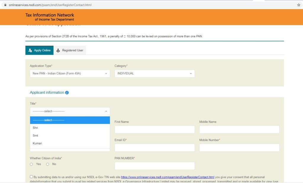 NSDL Form 49A for Individual PAN card