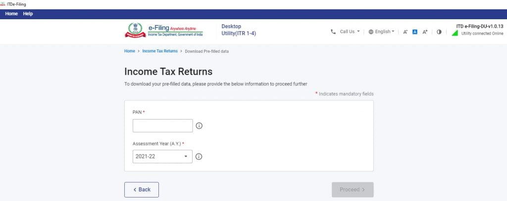 Income tax website login screen