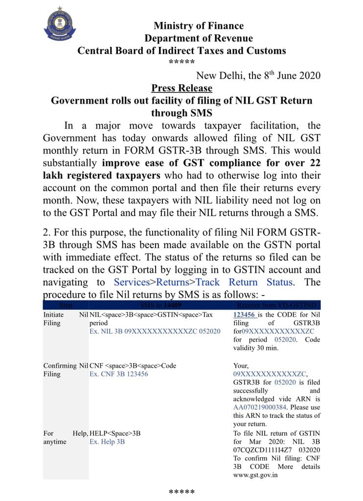 GSTR-3B NIL Return through SMS filing official circular
