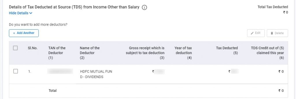 Details of Tax deducted at source from income other than salary