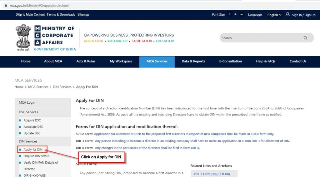 Click on Apply for DIN to download DIR-3 form