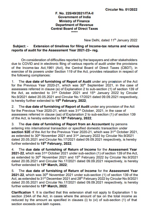 CBDT Notification on extension of last date to file ITR