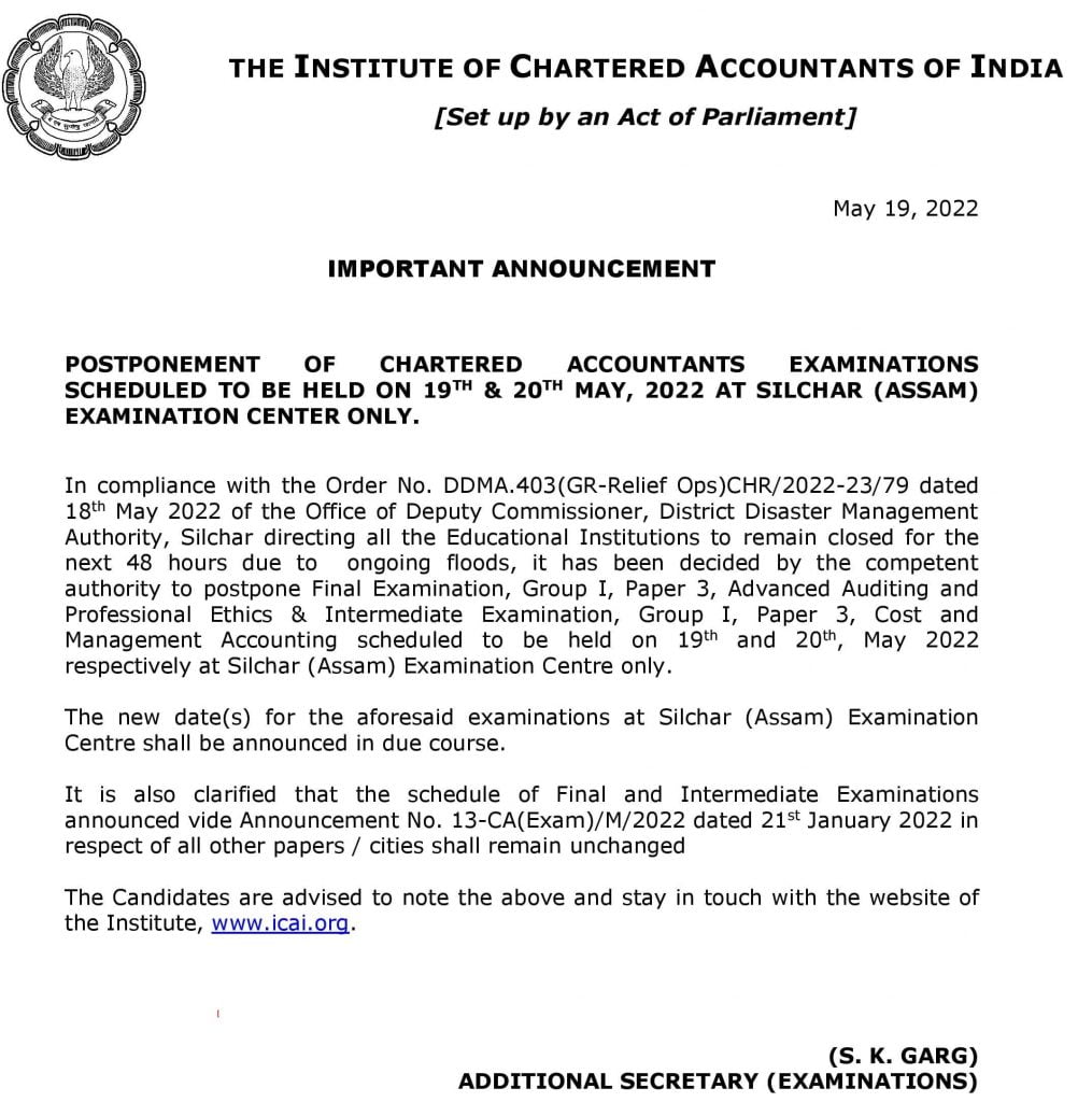 CA Exam Postponed May 2022