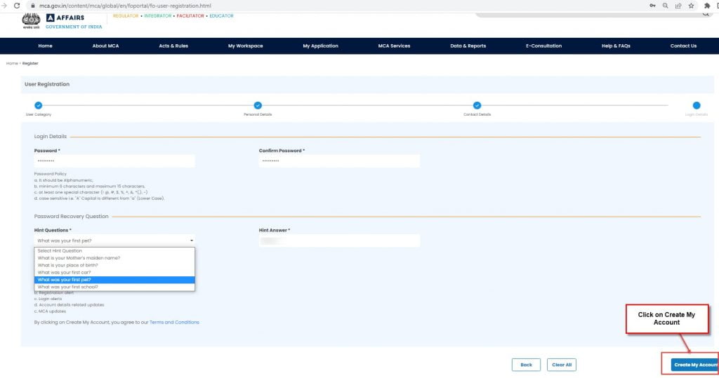 MCA Create my account