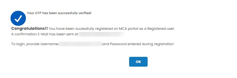 MCA Successful Registration Message