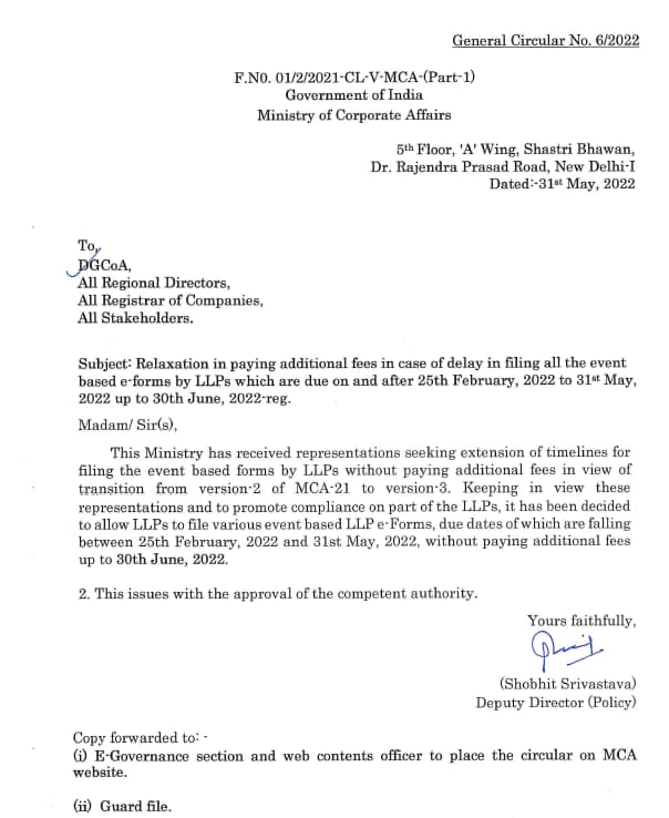 MCA Circular on Extension of filing of eforms for LLPs upto 30th June 2022
