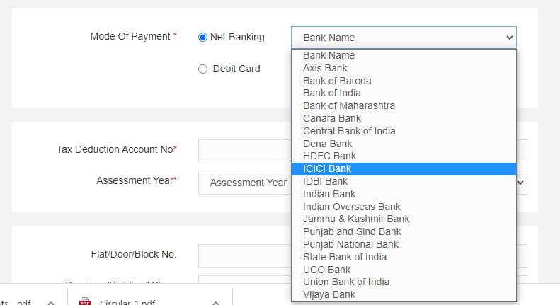 Select the mode of payment and the Bank