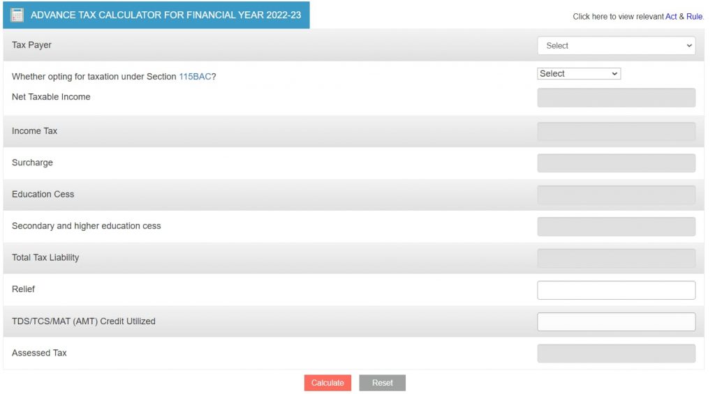 Advance Tax Calculator for FY 2022-23