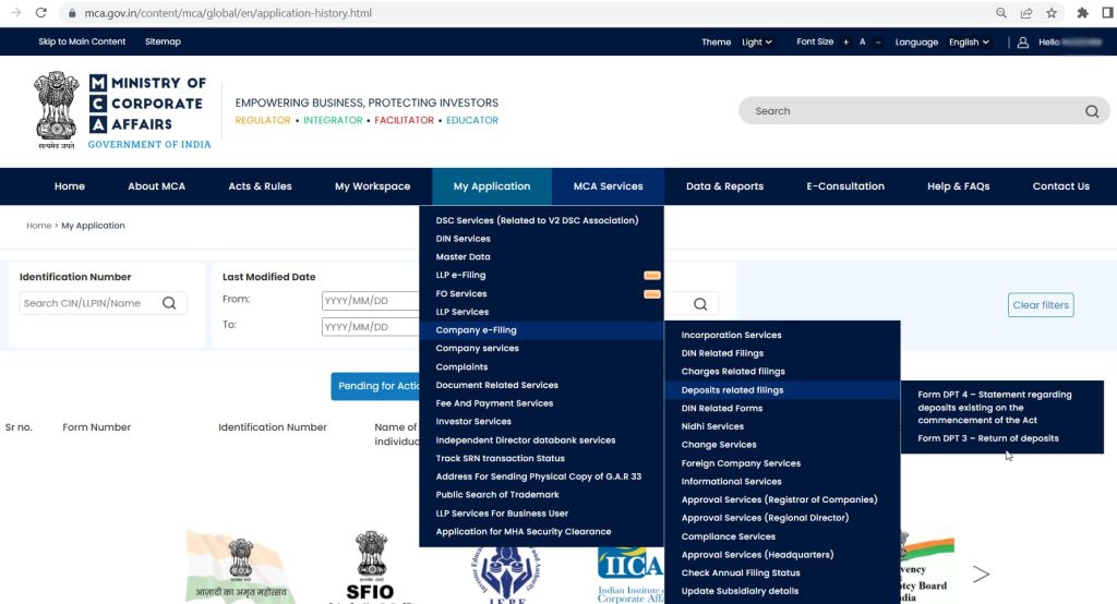 Form DPT 3 Navigation on MCA portal