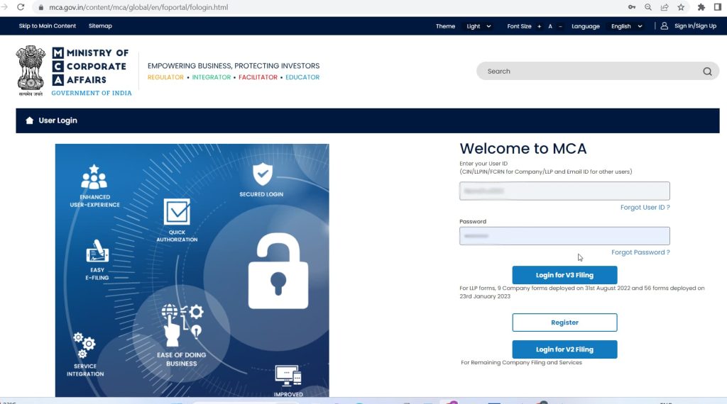 MCA Login for V# Filing